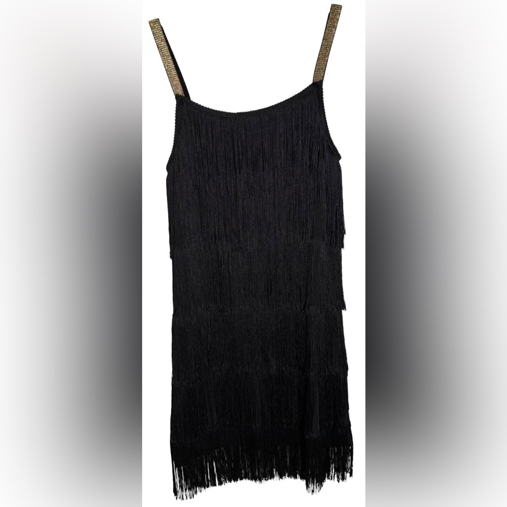 Vintage Black Fringe Mini Dress with Gold Shoulder Straps